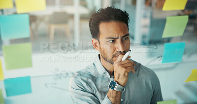 Buy stock photo Planning, thinking and business man in office for brainstorming, review and project agenda. Creative agency, startup and person with reflection for decision, problem solving and solution for strategy