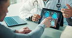 Hands, tablet and brain scan with doctor, patient and ui on screen for diagnosis at hospital. People, consultation and neuroscience with tech, application or ux with point for healthcare at clinic