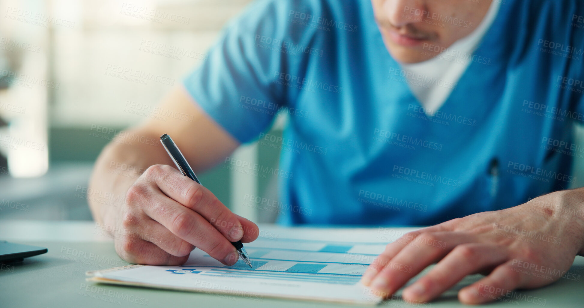 Buy stock photo Form, writing and hands of nurse in office with admin for healthcare insurance in clinic. Documents, pen and medical worker with man with application for surgery plan with information in hospital.