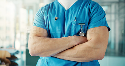 Buy stock photo Man, hands and nurse with arms crossed in hospital for healthcare service or medical help. Male person, professional or health worker with confidence or uniform for nursing management in care clinic