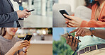 Phone, collage and hands of business people with app, communication or social media with bokeh. Mobile, montage and different professionals with internet, text message or check notification online