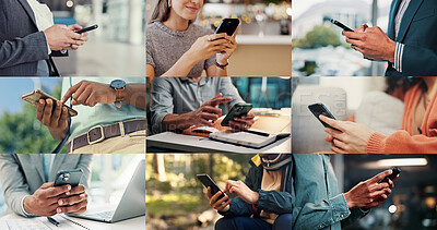Buy stock photo Phone, collage and hands of business people typing, communication or networking on social media. Mobile, montage and different professionals with internet, text message or check notification online
