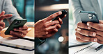 Phone, montage and hands of business people typing, communication or networking on social media. Mobile, collage and different professionals with internet, scroll message and notification in office