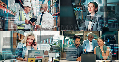 Buy stock photo Collage, people and graphs with tech for logistics, phone call and trading infographic. Employees, laptop and graph overlay for supply chain, cryptocurrency charts and performance statistics of sales