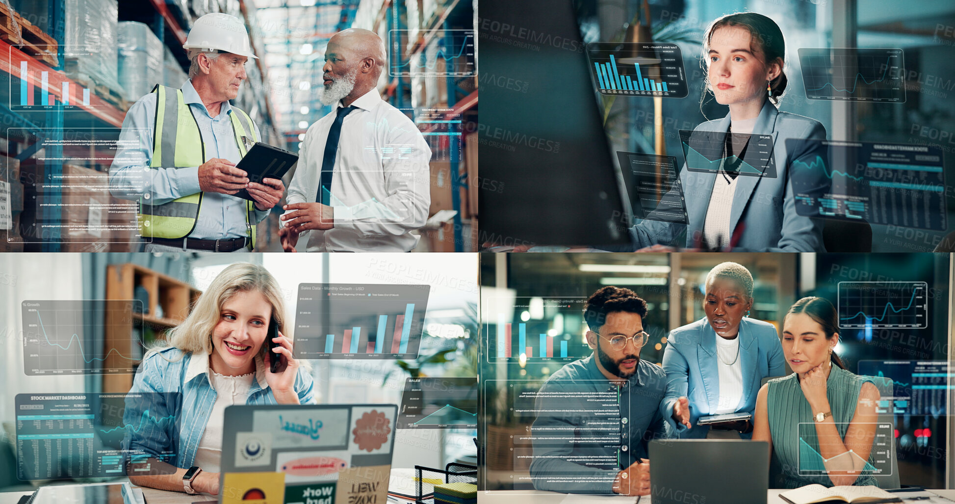 Buy stock photo Collage, people and graphs with tech for logistics, phone call and trading infographic. Employees, laptop and graph overlay for supply chain, cryptocurrency charts and performance statistics of sales