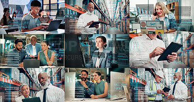 Buy stock photo People, collage and graphs with tech for logistics, phone call and trading infographic. Staff, laptop and data with overlay for supply chain, cryptocurrency charts and performance statistics of sales