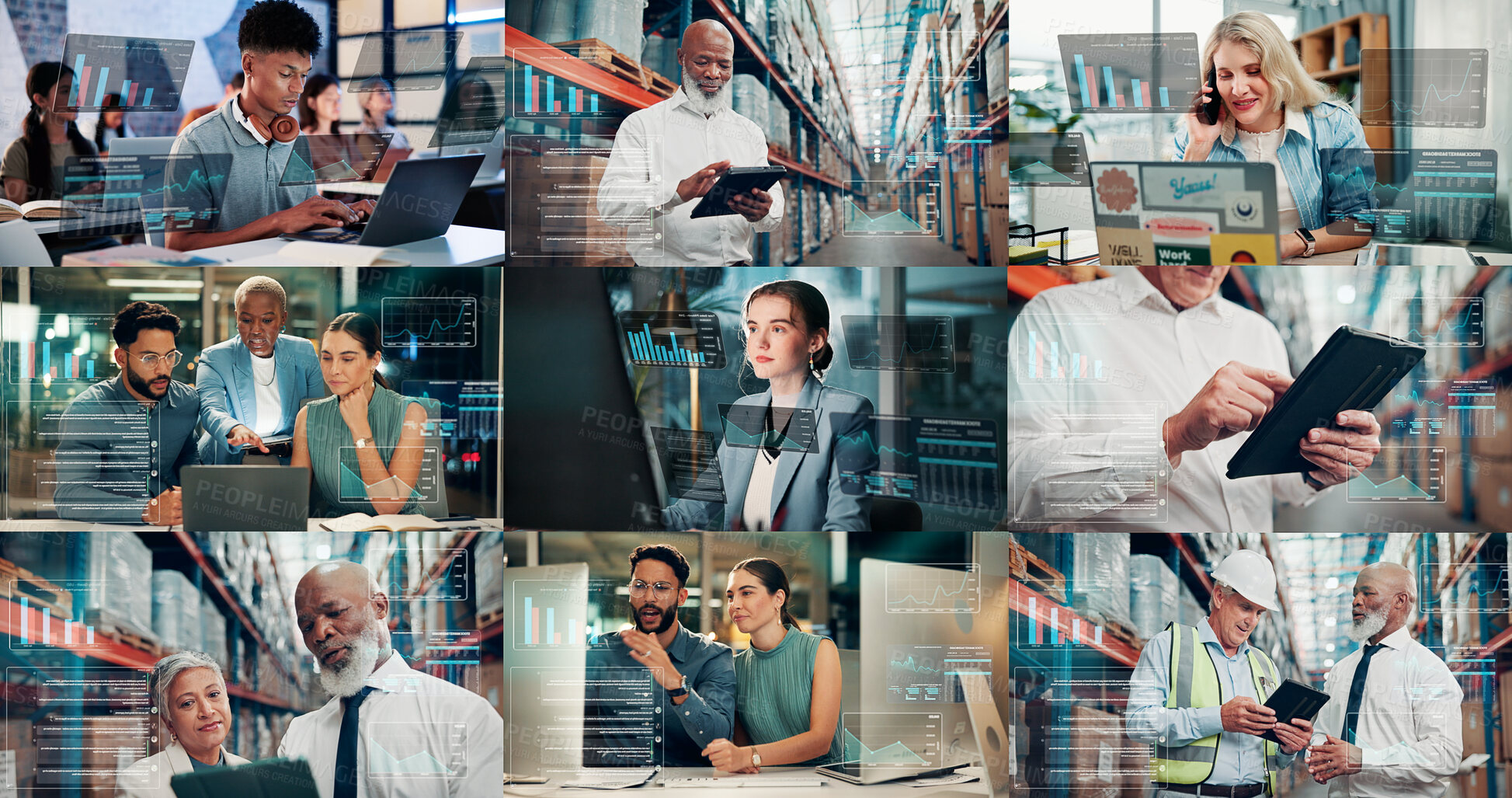 Buy stock photo People, collage and graphs with tech for logistics, phone call and trading infographic. Staff, laptop and data with overlay for supply chain, cryptocurrency charts and performance statistics of sales