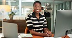 Copywriting, portrait and black woman in office, smile and career ambition for publishing industry. African person, creative writer and freelancer in workplace, pc and editor for magazine startup