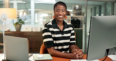 Buy stock photo Copywriting, portrait and black woman in office, smile and career ambition for publishing industry. African person, creative writer and freelancer in workplace, pc and editor for magazine startup
