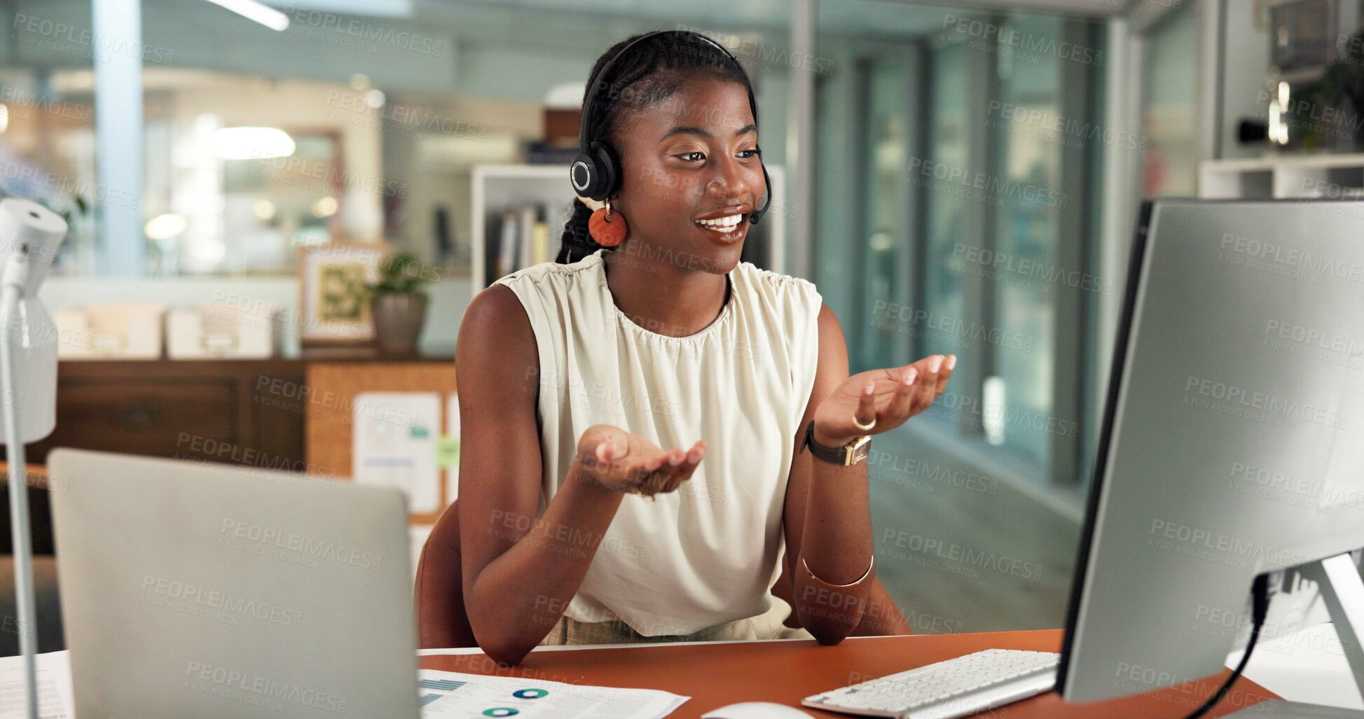 Buy stock photo Headset, talk or black woman with computer for virtual meeting, international client or trading proposal. Stocks sales, tech or trader with financial assets data for pitch, liquidation plan or office