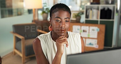 Buy stock photo Computer, black woman or thinking in office, reading policy or verify application for insurance agency. Investigate claim, liability perspective or risk manager with screening for client, pc or audit
