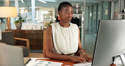 Buy stock photo Computer, black woman or typing in office, reading policy or verify application for insurance agency. Investigate claim, writing data report or risk manager with screening for new client, pc or audit