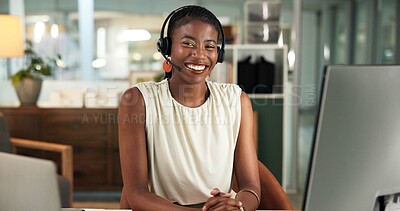 Buy stock photo Headset, portrait or happy woman with computer for planning, client management or trading execution. Stock exchange, tech or African trader with financial advice in office, market research or invest