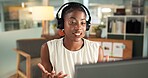 Headset, office or black woman with computer for virtual meeting, international client or trading proposal. Stocks sales, tech or trader with financial assets data for pitch, liquidation plan or talk