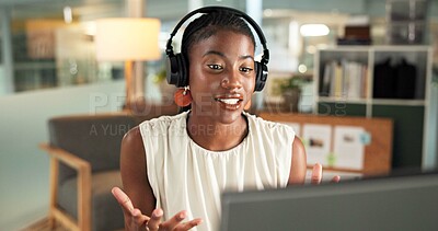 Buy stock photo Headset, office or black woman with computer for virtual meeting, international client or trading proposal. Stocks sales, tech or trader with financial assets data for pitch, liquidation plan or talk
