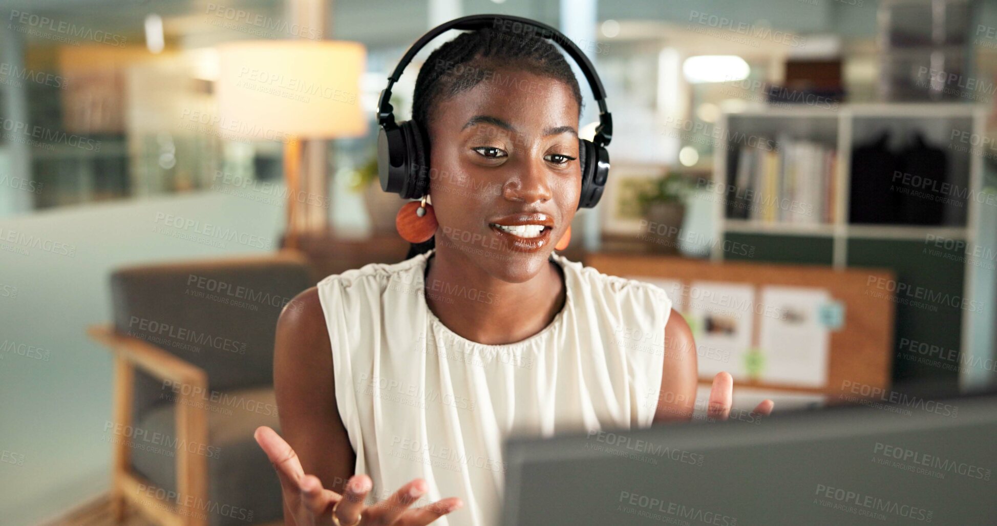 Buy stock photo Headset, office or black woman with computer for virtual meeting, international client or trading proposal. Stocks sales, tech or trader with financial assets data for pitch, liquidation plan or talk