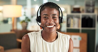 Buy stock photo Computer, call center and portrait with business black woman in office for customer support, advisor and contact. Virtual consultant, help desk and advice with person in crm agency for hotline agent