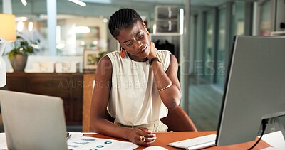 Buy stock photo Tech, business woman and neck pain in office from poor posture, deadline pressure and discomfort. Professional, black person and computer with muscle tension at desk from burnout, fatigue and strain