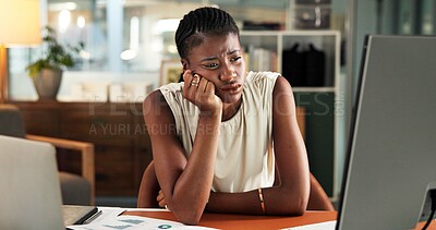 Buy stock photo Tired, black woman and computer with bad news for project deadline, stress or burnout in office. Frustrated, female person or employee with regret, fatigue or anxiety for fail or mistake in workplace