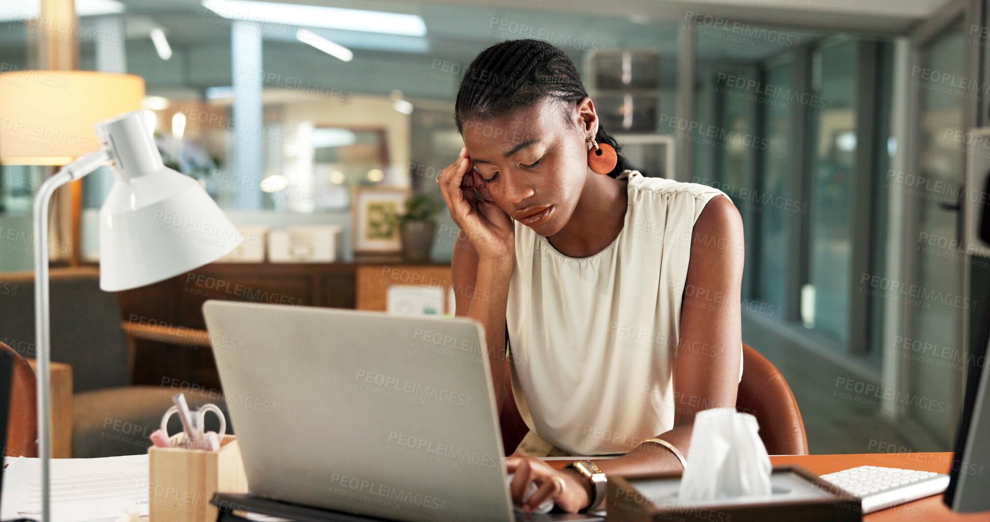 Buy stock photo Laptop, business woman and headache in office from article stress, deadline pressure and burnout. Journalist, black person and tension migraine at media agency from submission mistake and brain fog
