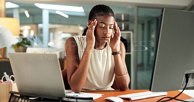Buy stock photo Tech, business woman and headache in office from finance mistake, deadline pressure and brain fog. Financial manager, black person and migraine at computer from burnout, investment error and tension