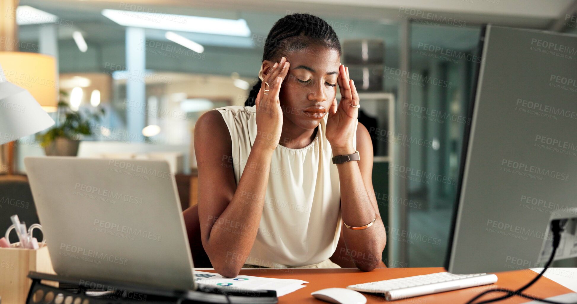 Buy stock photo Tech, business woman and headache in office from finance mistake, deadline pressure and brain fog. Financial manager, black person and migraine at computer from burnout, investment error and tension