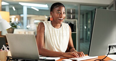 Buy stock photo Surprise, African woman and computer in office for good news, winner and story nomination. Happy, person and tech with recognition announcement, editorial approval and funding success for publication