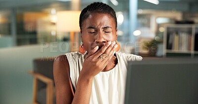 Buy stock photo Computer, woman and tired with yawn in office from mental fatigue, article editing or overworked. Journalist, black person and PC with low energy at desk from breaking news deadline or bokeh at night