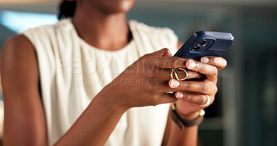 Buy stock photo Phone, message and typing with hands of woman for editor feedback, project review and chat. Online campaign advice, contact and proposal with business person in media agency for text or communication