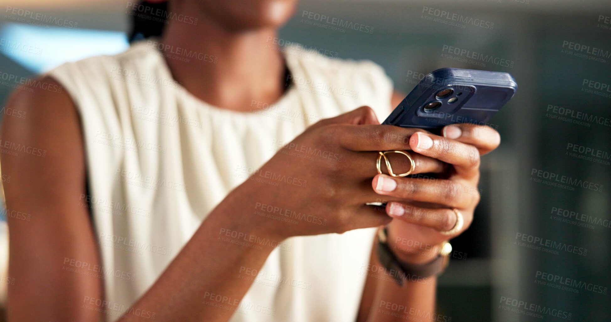 Buy stock photo Phone, message and typing with hands of woman for editor feedback, project review and chat. Online campaign advice, contact and proposal with business person in media agency for text or communication
