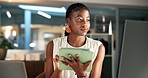Creative, computer and woman with tablet, office and trend research for ad campaign or working late. Digital marketing, social media manager and black person with tech for project and online at night