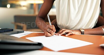 Buy stock photo Signature, documents and hands of business woman in office for legal agreement, drafting policy and writing. Lawyer settlement with terms and conditions for employee in agency for paperwork guideline