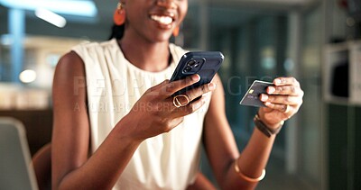 Buy stock photo Happy woman, hands and phone with credit card for online shopping, payment or banking in office. Closeup, employee or shopper with smile, mobile smartphone or debit for ecommerce or app in workplace