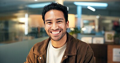Buy stock photo Portrait, man and smile in office with creativity, confidence and ambition for journalism career. Happy, person and writer in workplace with growth, job satisfaction and pride for media publication.