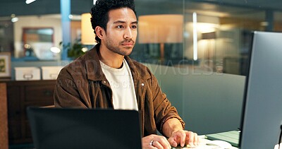 Buy stock photo Computer, businessman or typing in office, reading policy or verify application for insurance agency. Investigate claim, writing risk report or manager with screening for new clients, pc or audit