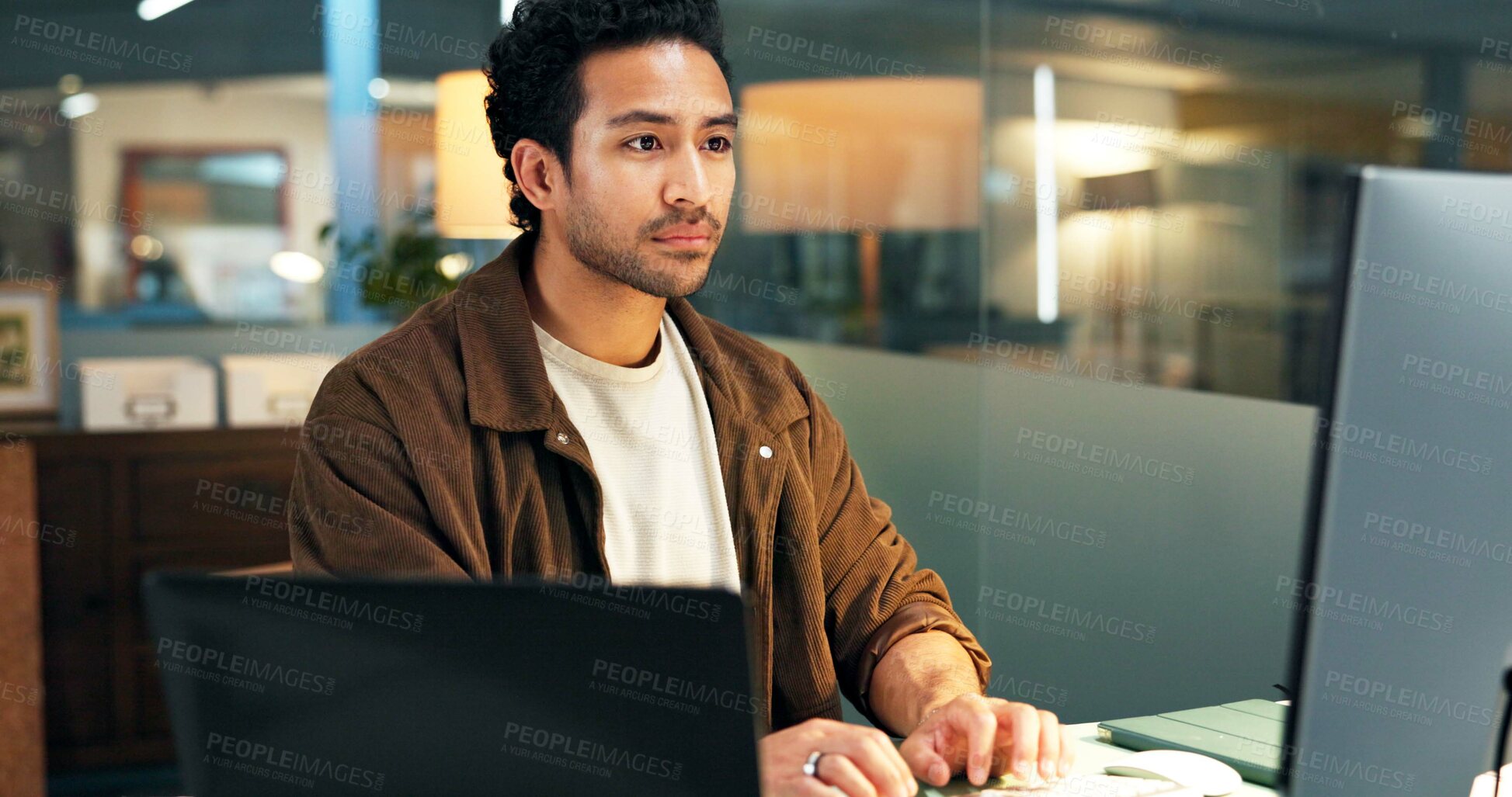 Buy stock photo Computer, businessman or typing in office, reading policy or verify application for insurance agency. Investigate claim, writing risk report or manager with screening for new clients, pc or audit