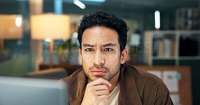 Buy stock photo Creative, reading and man with computer, office and trend research for ad campaign and working late. Digital marketing, social media manager and person with tech for project and deadline at night