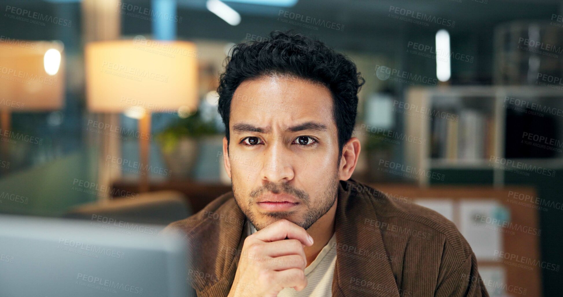 Buy stock photo Creative, reading and man with computer, office and trend research for ad campaign and working late. Digital marketing, social media manager and person with tech for project and deadline at night