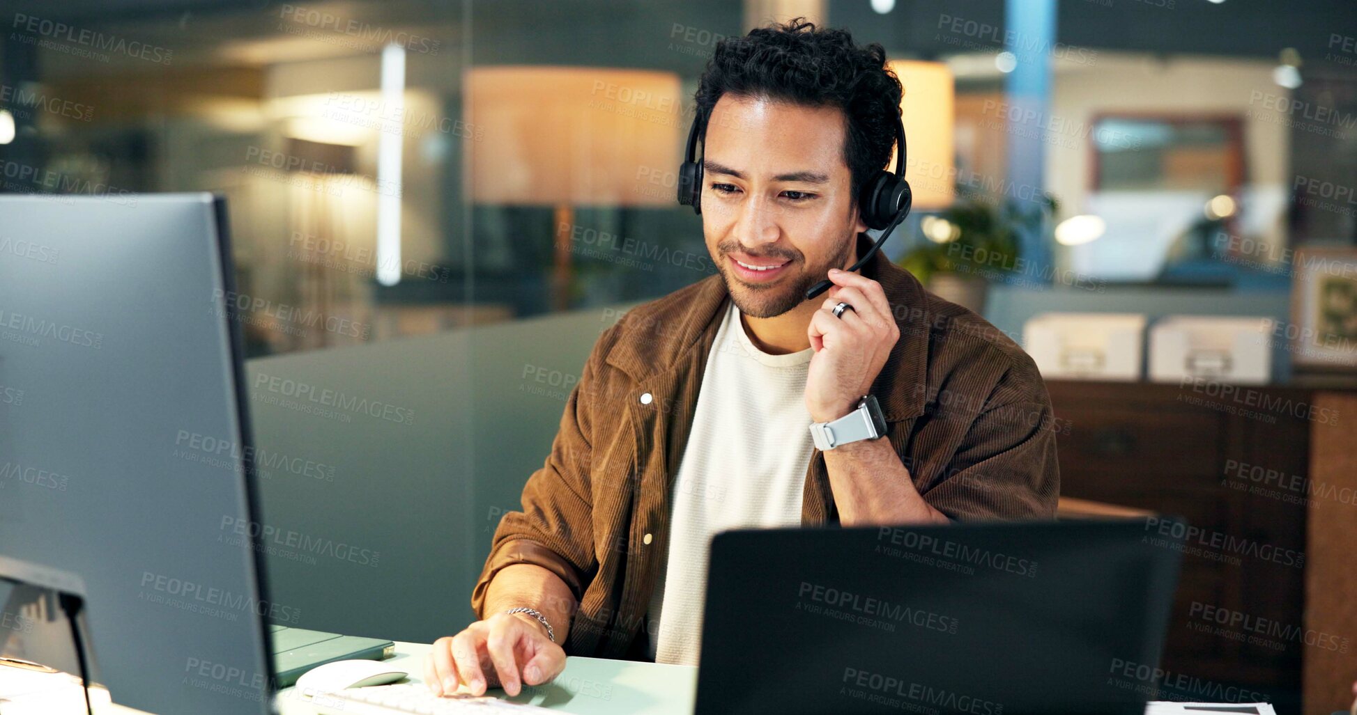 Buy stock photo Headset, talking or man with computer for virtual meeting, international client or trading proposal. Stocks sales, tech or trader with financial assets research for pitch, liquidation plan or office
