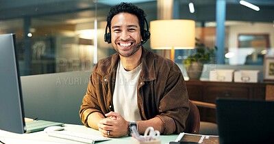 Buy stock photo Portrait, headset or happy man with computer for customer care, help desk or troubleshooting contact. Online advice, tech support or virtual assistant with pride for solution, hotline or call center