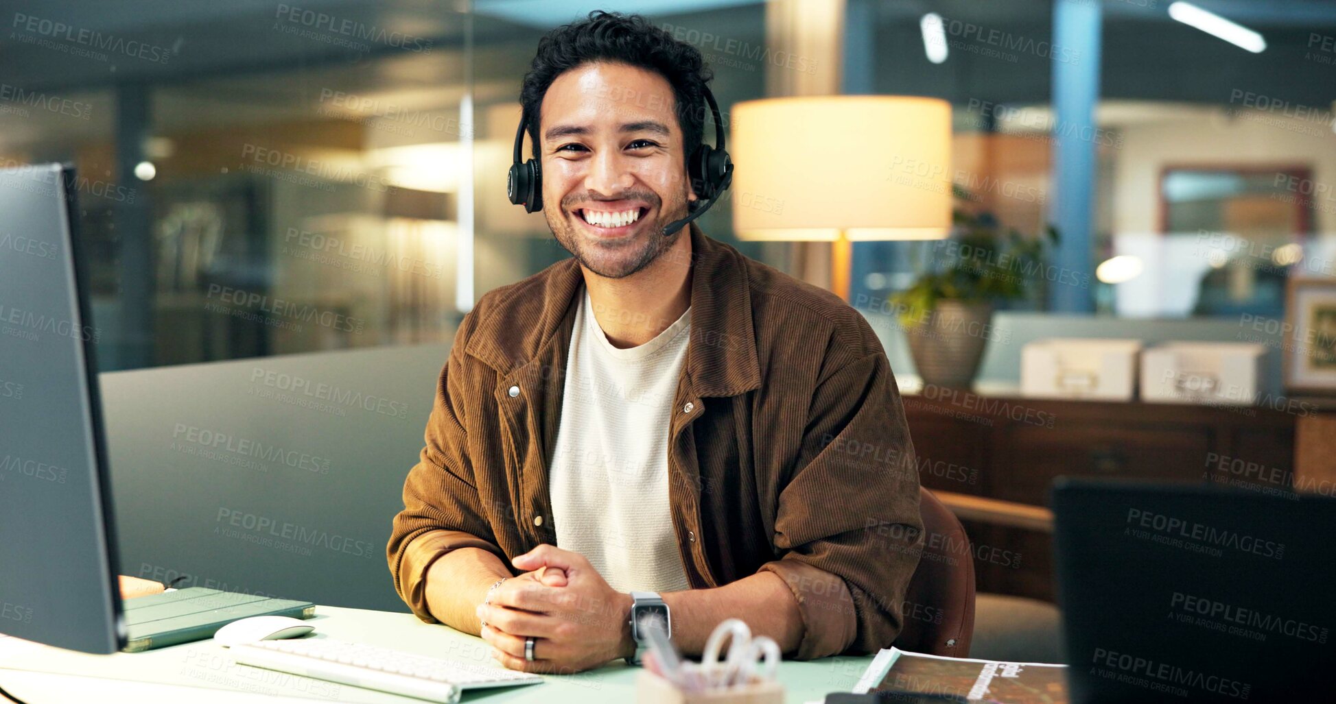 Buy stock photo Portrait, headset or happy man with computer for customer care, help desk or troubleshooting contact. Online advice, tech support or virtual assistant with pride for solution, hotline or call center