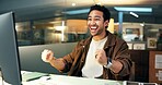 Excited, man and celebrate in office with computer, email notification and job promotion for happiness. Achievement, career success and employee with smile for good news, pc and winning in workplace