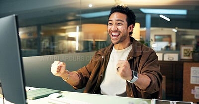 Buy stock photo Excited, man and celebrate in office with computer, email notification and job promotion for happiness. Achievement, career success and employee with smile for good news, pc and winning in workplace