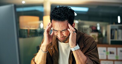 Buy stock photo Computer, business man and headache in office from article stress, deadline pressure and burnout. Journalist, person and tension migraine at media agency from submission mistake or brain fog at night