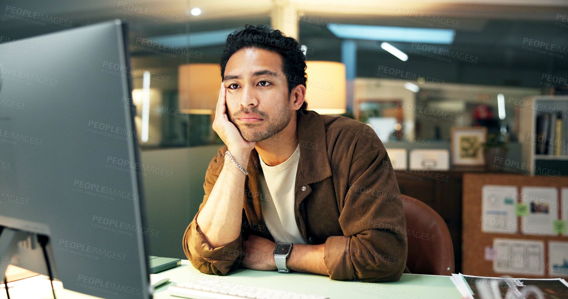 Buy stock photo Computer, thinking and bored with business man for media planner, idea and brand fatigue. Campaign burnout, vision and customer survey review with person in creative agency for account reach