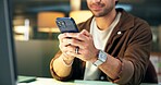 Phone, hands and typing with man for editor feedback, project review and creative chat. Online campaign advice, contact and proposal with business person in media agency for night communication