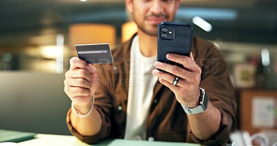 Buy stock photo Business office, credit card and hands with phone for online shopping, digital purchase and transaction. Electronic payment, fintech and person with mobile for ecommerce, checkout process and banking