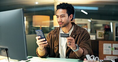Buy stock photo Business man, credit card and phone in office for online shopping, digital purchase and transaction. Electronic payment, fintech and employee with mobile for ecommerce, checkout process and banking