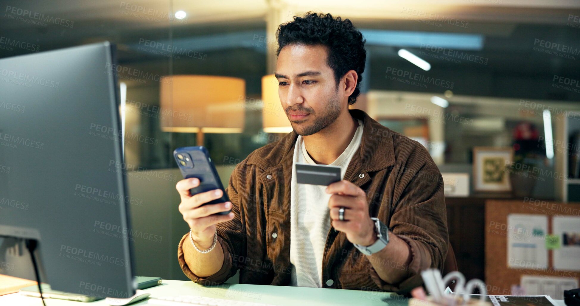 Buy stock photo Business man, credit card and phone in office for online shopping, digital purchase and transaction. Electronic payment, fintech and employee with mobile for ecommerce, checkout process and banking