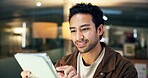 Happy, employee and man with tablet, office and research for campaign and working late with project. Social media manager, scroll and person with tech for deadline, marketing and creative at night